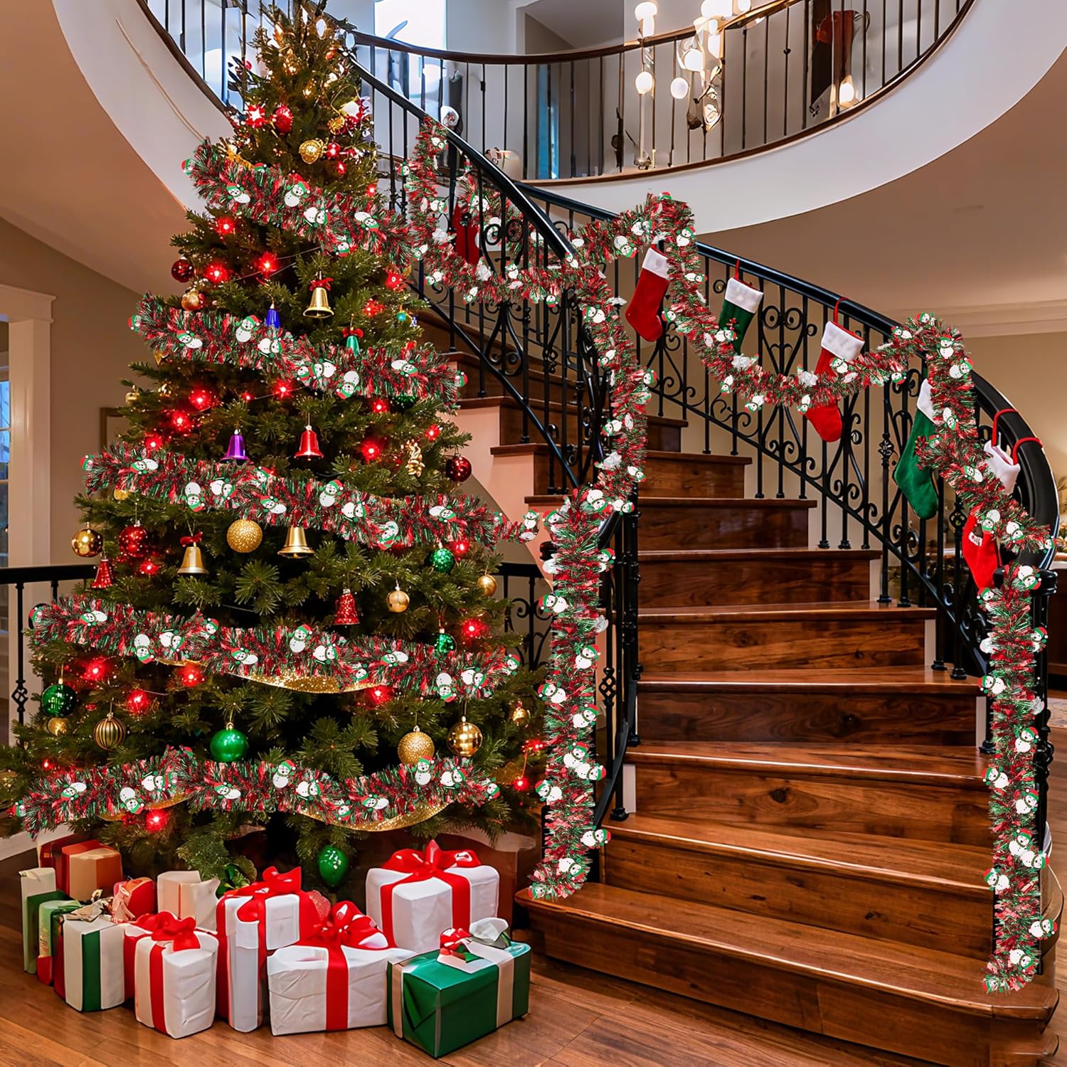 50 FT Christmas Tinsel Garland Christmas Decorations with Snowman Ornament, Red Green Shiny Metallic Twist Christmas Garland for Xmas Tree Home Mantle Stairs Indoor Outdoor Holiday Party Decor