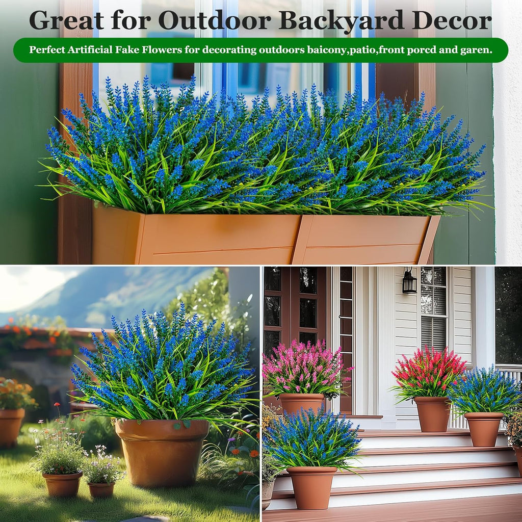 Artificial Flowers for Outdoor Plants 24 Bundles Fake Lavender Plastic Faux Monkey Grass for Verandah Window Garden Office Patio Front Porch UV Resistant for Planter(Blue)