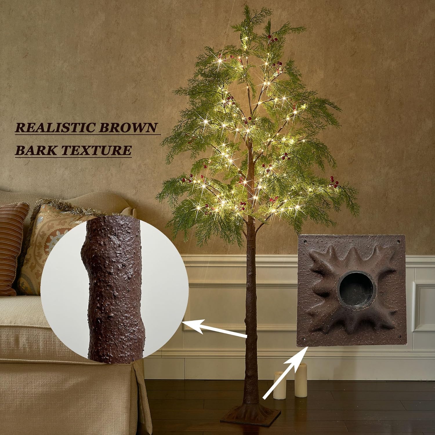 Hairui Pre Lit Christmas Pine Tree 195 Fairy Lights 6FT Plug in, Lighted Faux Cypress Tree with Red Berry for Indoor Outdoor Home and Holiday Decoration