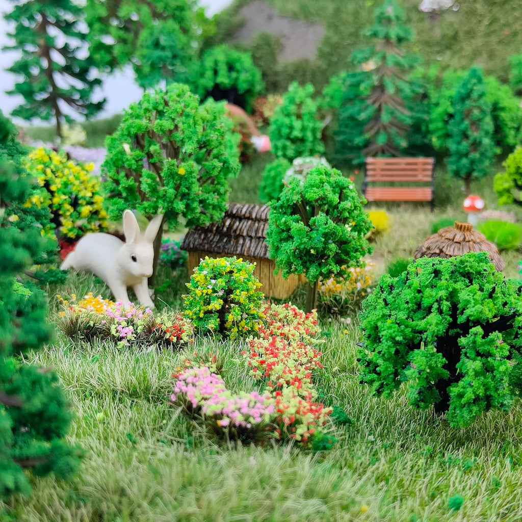 140 Pcs Static Grass Tufts & Miniature Flower Clusters - Artificial Grass Terrain Scenery Kit for Model Train Railway, Military Sand Table, DIY Diorama Landscape (B)