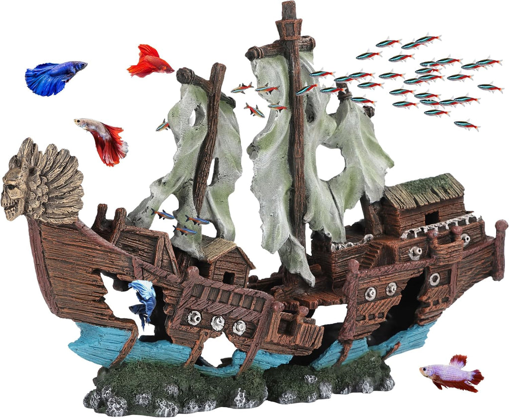 UNEAK - Large Shipwreck Aquarium Decorations Ornament w/Sail (2 Pieces) 20 Gallons high and Larger Fish Tank, Sunken Ship Decoration Ornaments, Pirate Boat, Resin, Freshwater Saltwater Decor