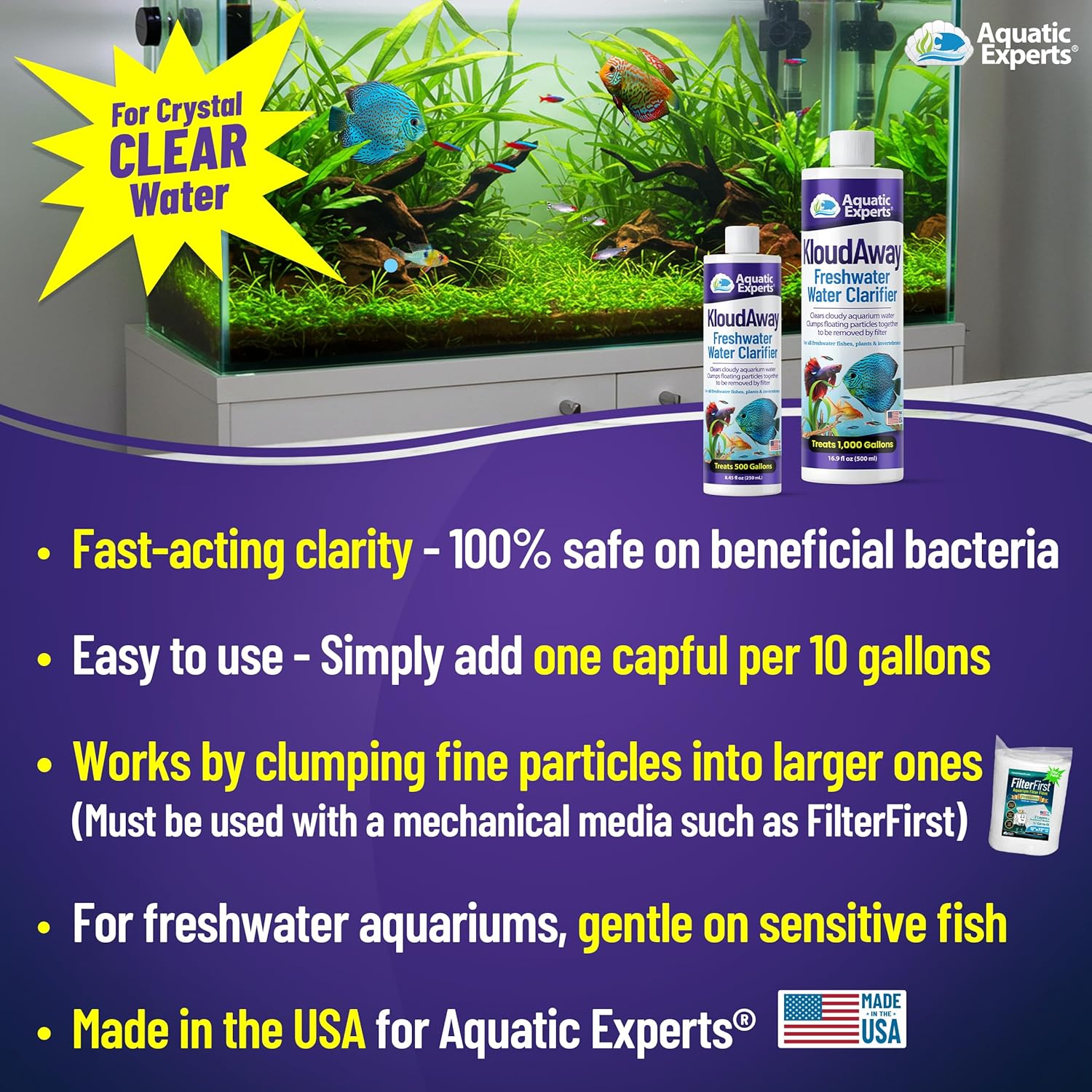 KloudAway Freshwater Aquarium Water Clarifier - Clears Cloudy Water, Water Clarifier for Fish Tank, Made in USA, Aquatic Experts (250 ml)
