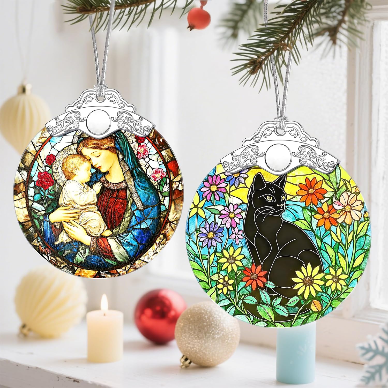 Christmas Ornament, Christmas Tree Ornaments, Keepsake Ornaments, Holiday Decor, Holiday & Xmas Gifts, Gifts for Cat Lovers & Flower Lovers - Black Cat-Theme
