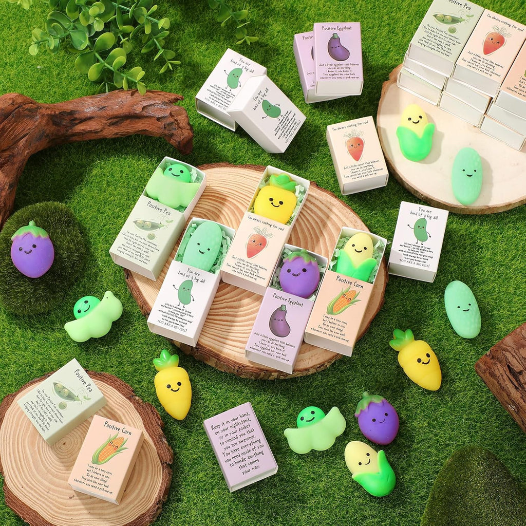 Wettarn 25 Sets Positive Gifts Vegetable Stress Balls with Support Gift Boxes Inspirational Party Favors for Employee Coworker Friends Office Appreciation Relief Toys