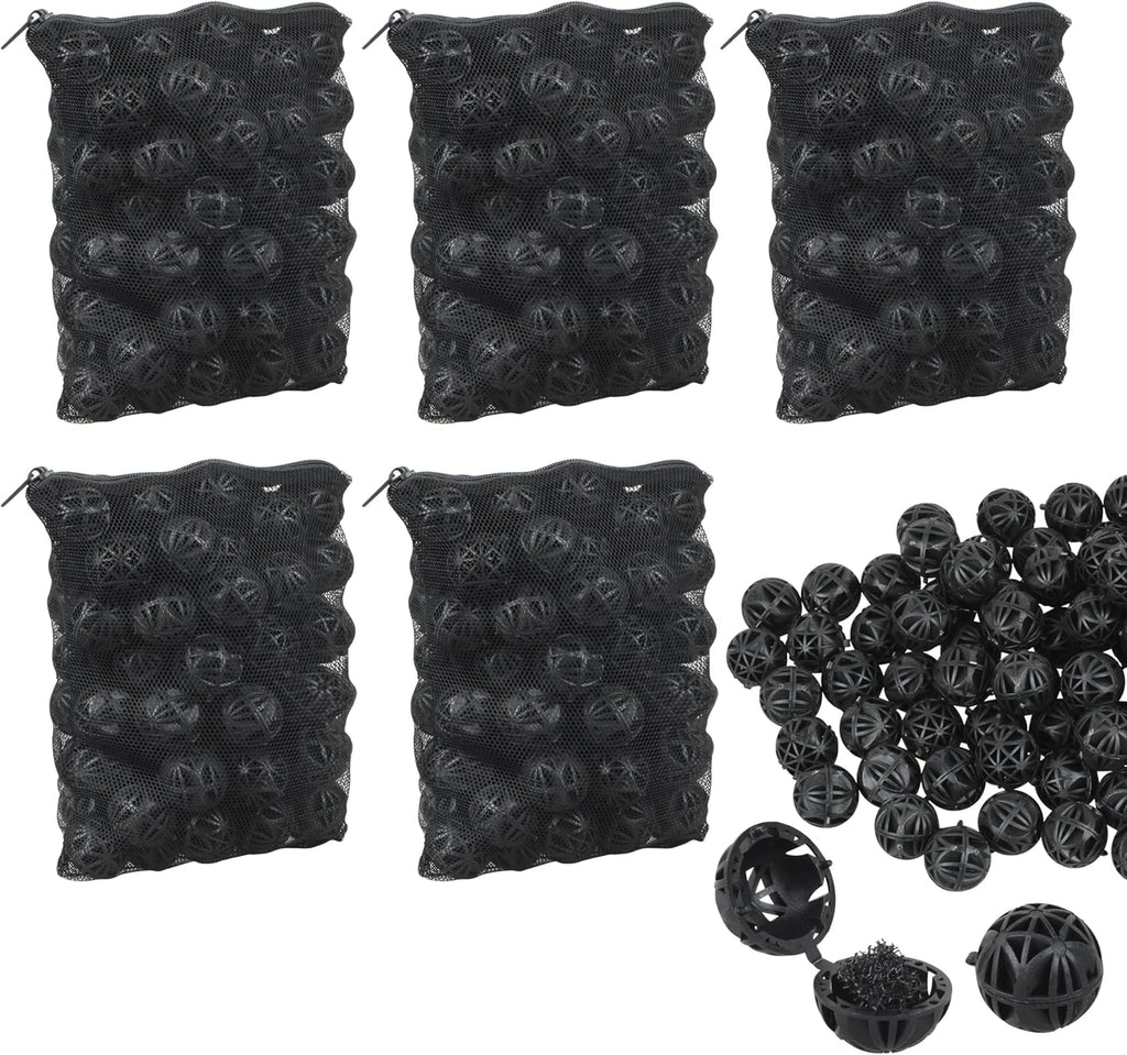 500 Pieces Bio Balls Filter Media Bulk 1.02 Inch Large Bio Balls for Pond & Aquarium Filters Pond Filter Media for Outdoor Ponds（Comes with 5 Black mesh Bags）