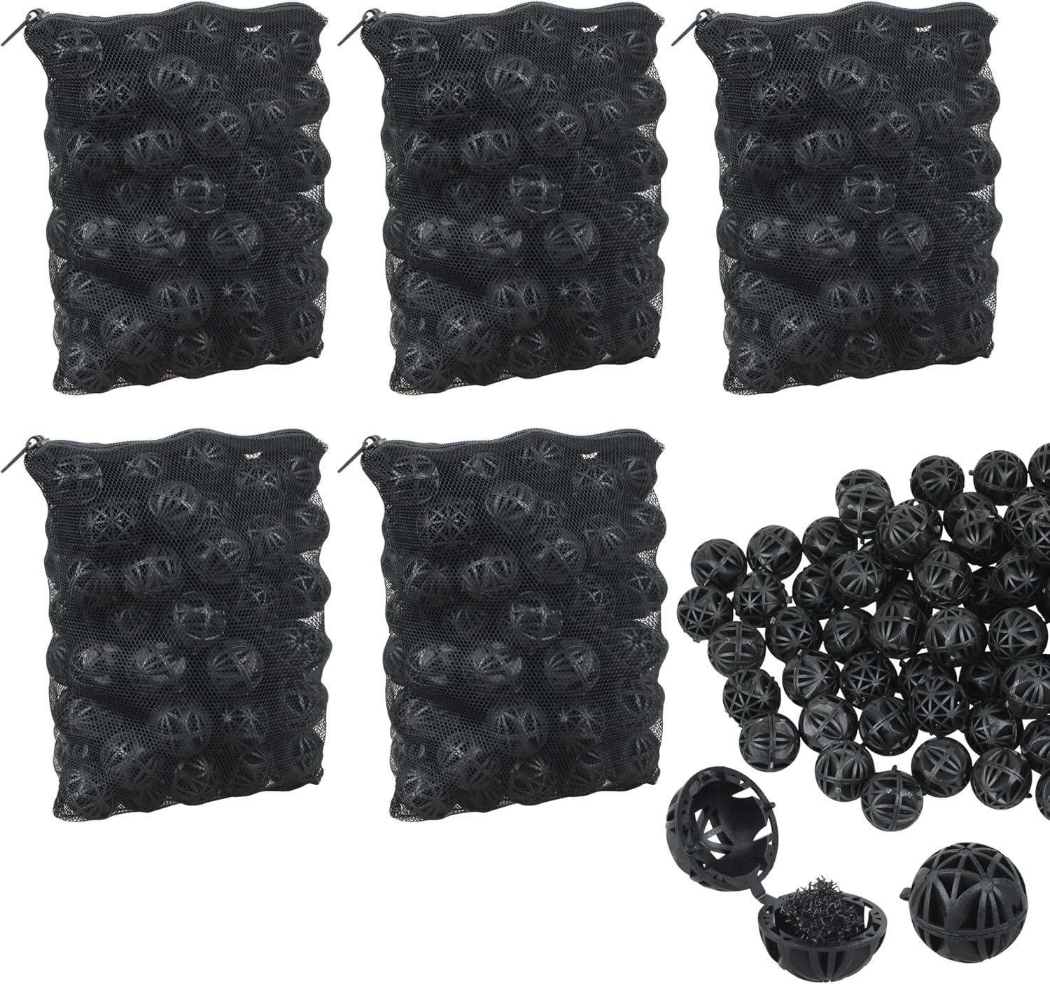 500 Pieces Bio Balls Filter Media Bulk 1.02 Inch Large Bio Balls for Pond & Aquarium Filters Pond Filter Media for Outdoor Ponds（Comes with 5 Black mesh Bags）
