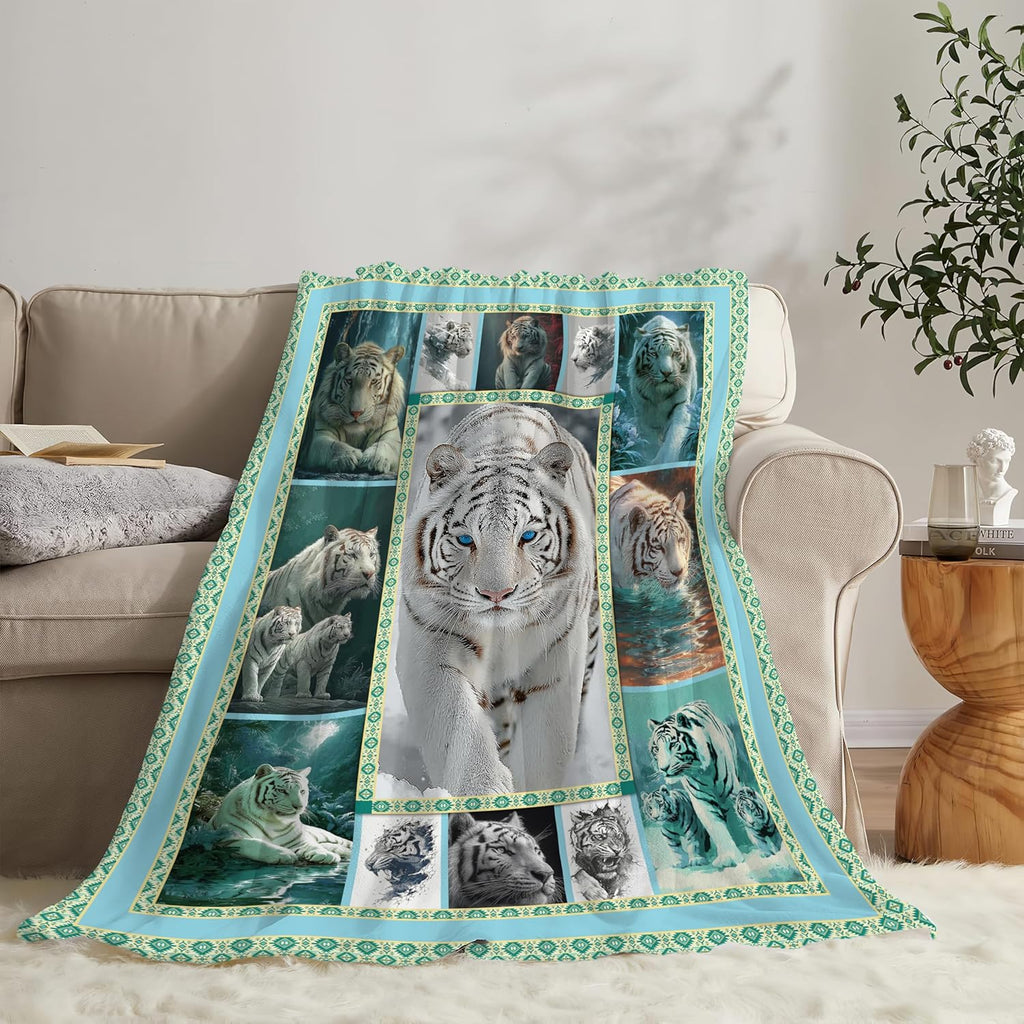 White Tiger Throw Blanket White Tiger Stuff Gifts for Kids Girls Boys Adults Women Men Soft Cozy Warm Plush Fluffy Fuzzy Fleece Blanket Decor 60''X80''