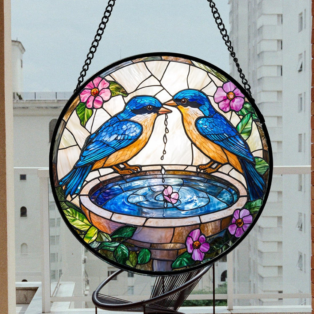 Stained Glass Window Hanging, 2 Blue Birds Suncatcher Diamond Glass Panel Hangings Bird Lover Sun Catchers Decor for Birthday for Women, Men, Wife, Aunt, and Mom 14.9 in