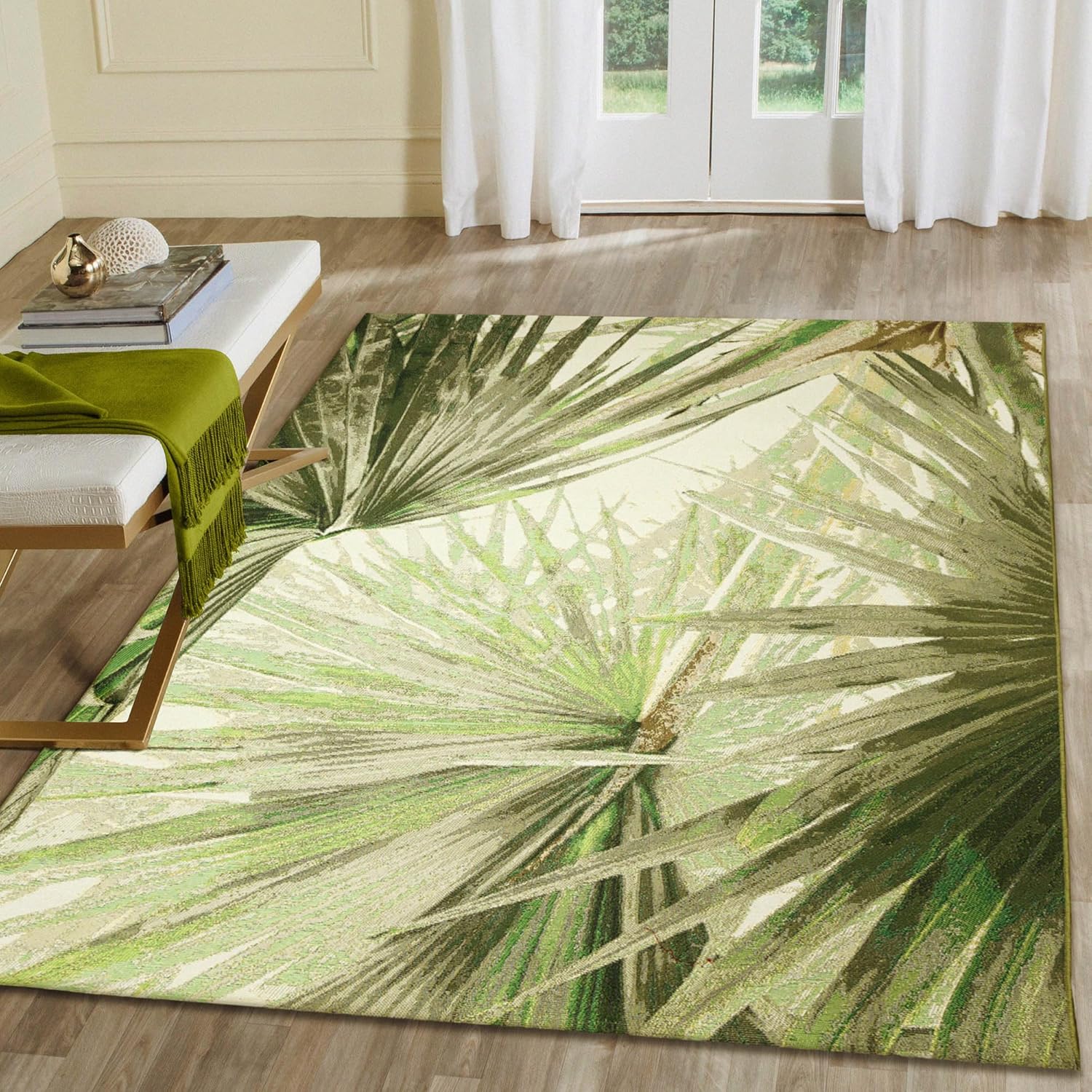 Liora Manne Marina Indoor/Outdoor Power Loomed Synthetic Blend Low Profile Area Rug - Transitional Graphic Botanical Beach Colorful (Palm Fan Green) (4'10" x 7'6")