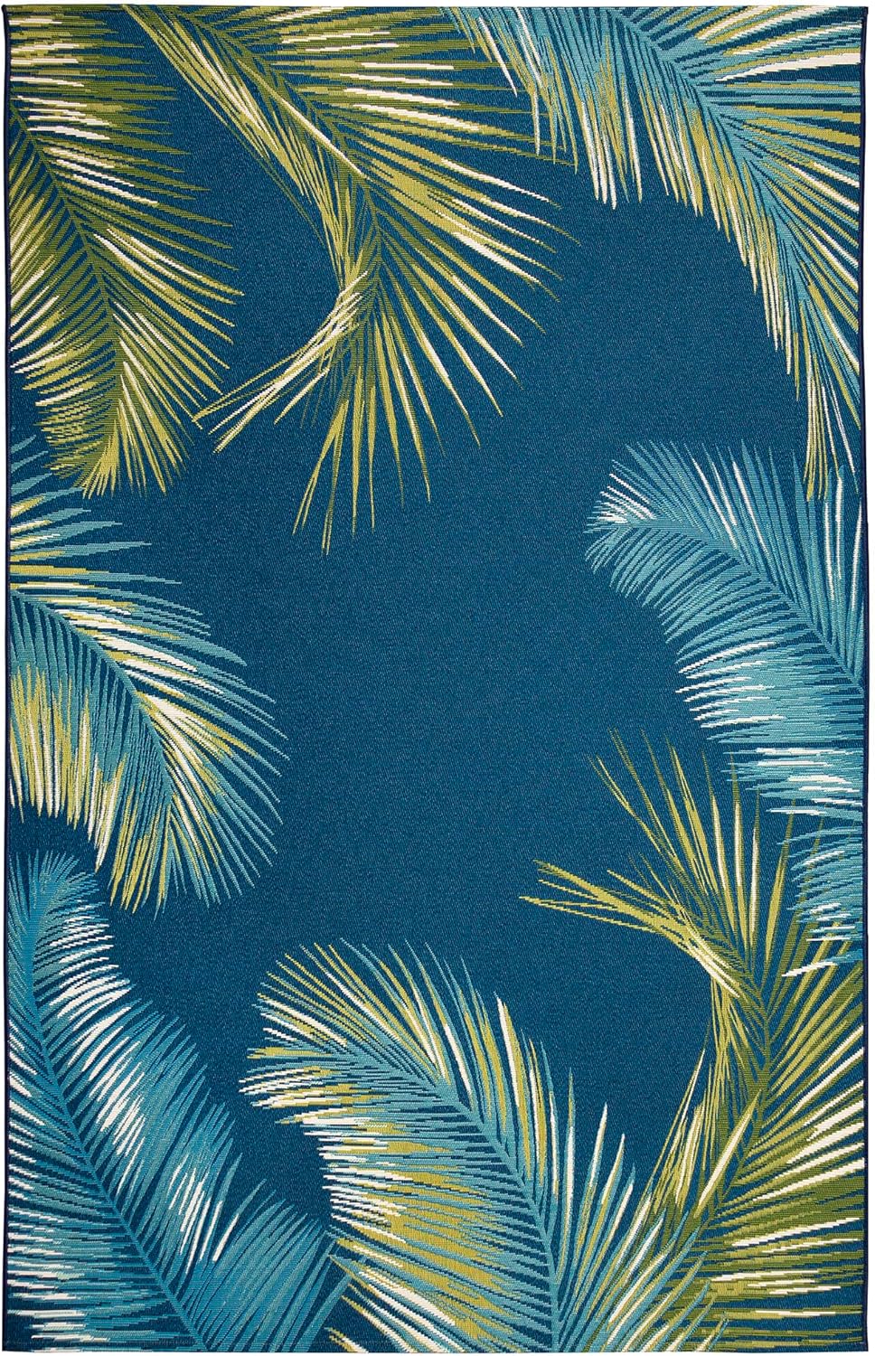 Liora Manne Marina Indoor/Outdoor Power Loomed Synthetic Blend Low Profile Area Rug - Transitional Border Botanical Beach Colorful (Palm Border Navy) (4'10" x 7'6")