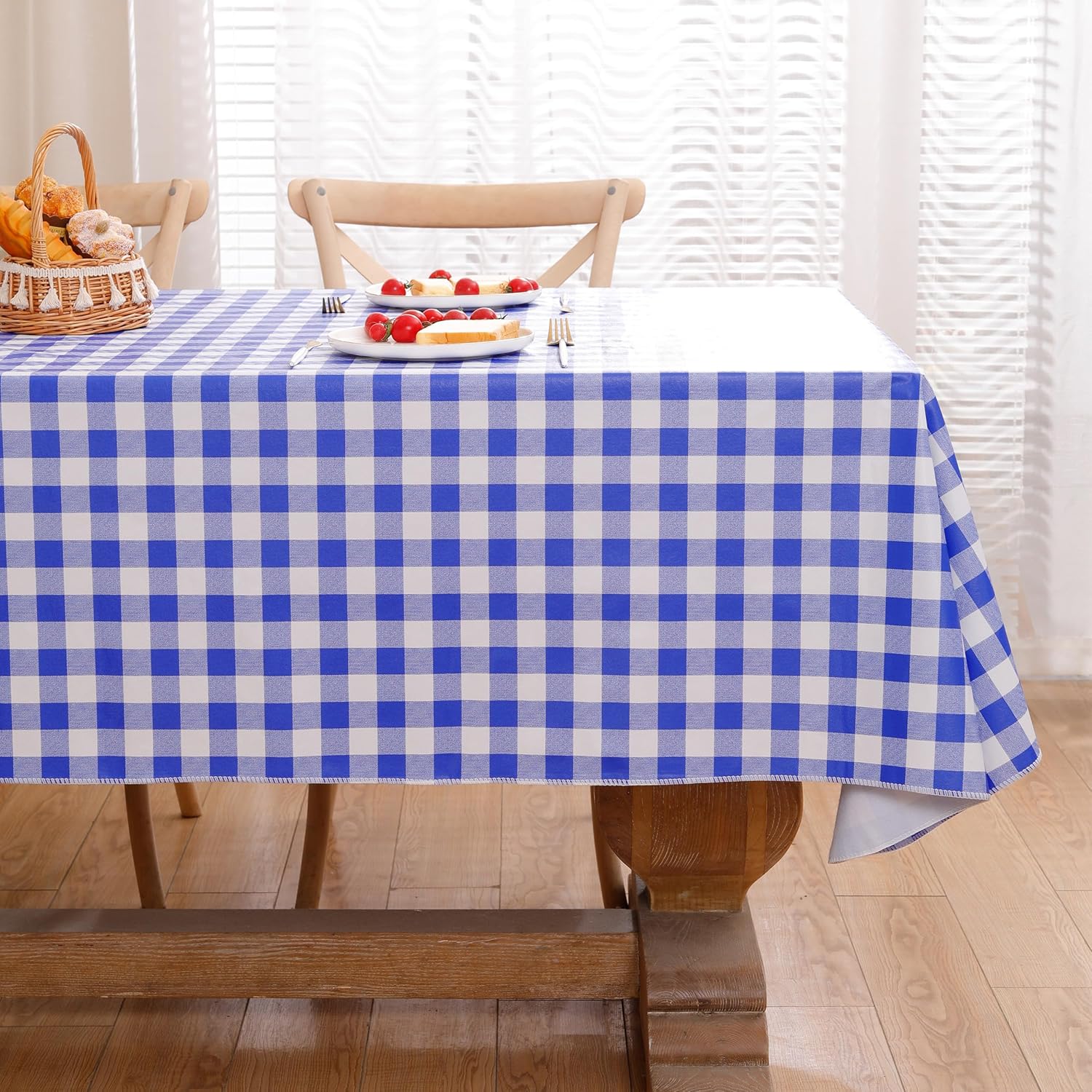 Heavy Duty Vinyl Tablecloth with Flannel Backing Waterproof Oil-Proof Plastic Table Cloth Stain-Resistant Wipeable Rectangle or Square Table Cover for Indoor and Outdoor (Blue Checkered, 60x84 Inch)