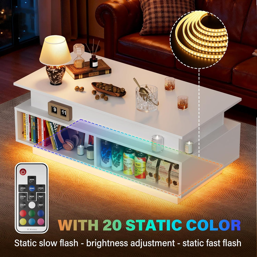 JUMMICO 40" Modern Lift Top Coffee Table with Storage & 4 Bottom Shelves, Square Wooden Center Table with LED Lights, Rising Dining Table with Storage Shelves for Living Room and Home Office (White)