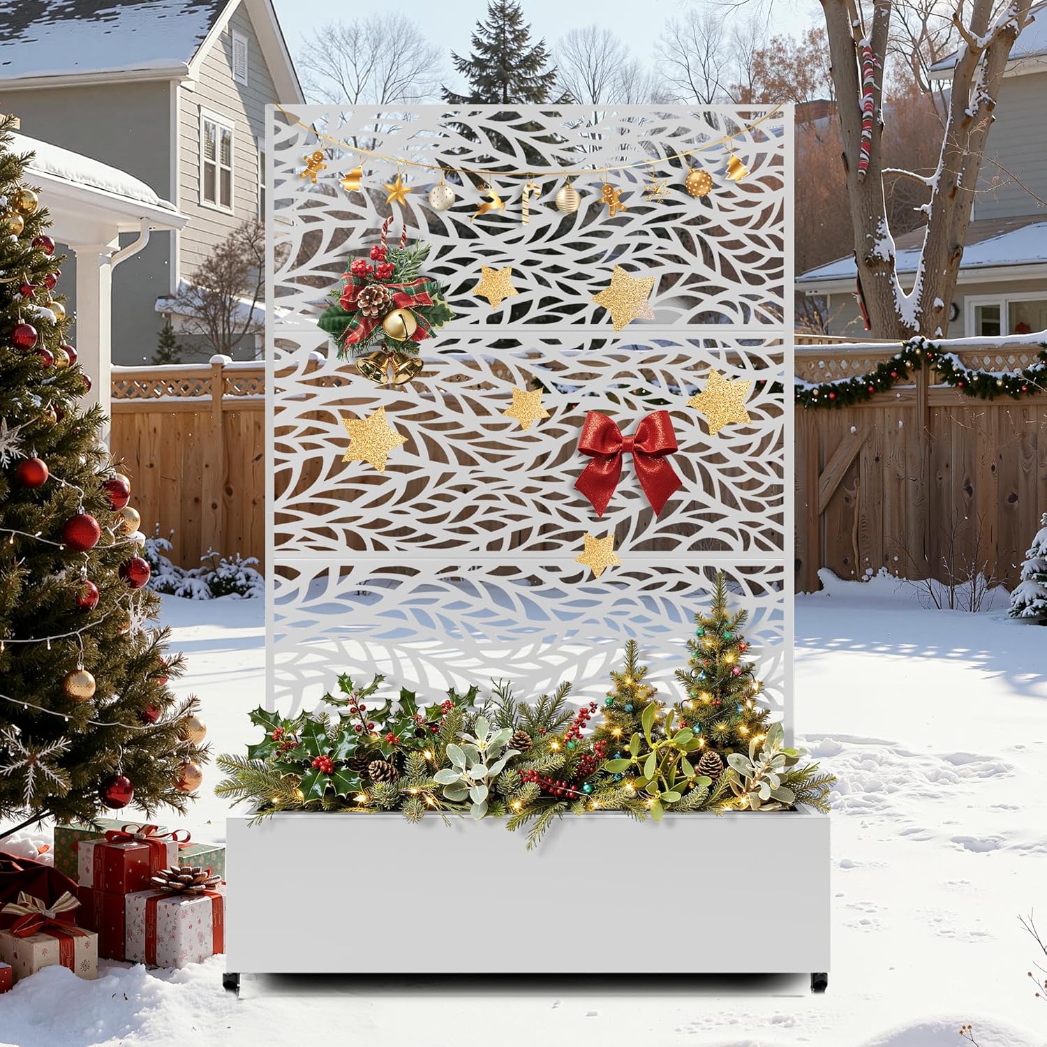 FENCY Metal Raised Garden Bed with Wheels and Trellis,73"x47"x16" Planter Box for Climbing Plants, Vegetables & Vines, Features Privacy Screen and Drainage Holes (White-Leaf)