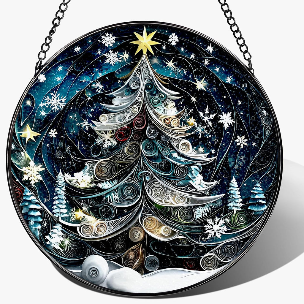 8-Inch Starry Christmas Tree Suncatcher Ornament: Stained Glass Window Hanging & Decor, Sun Catchers Indoor Window — Gift for Christmas, Holiday Present Idea, Gifts Exchange, Gift Idea