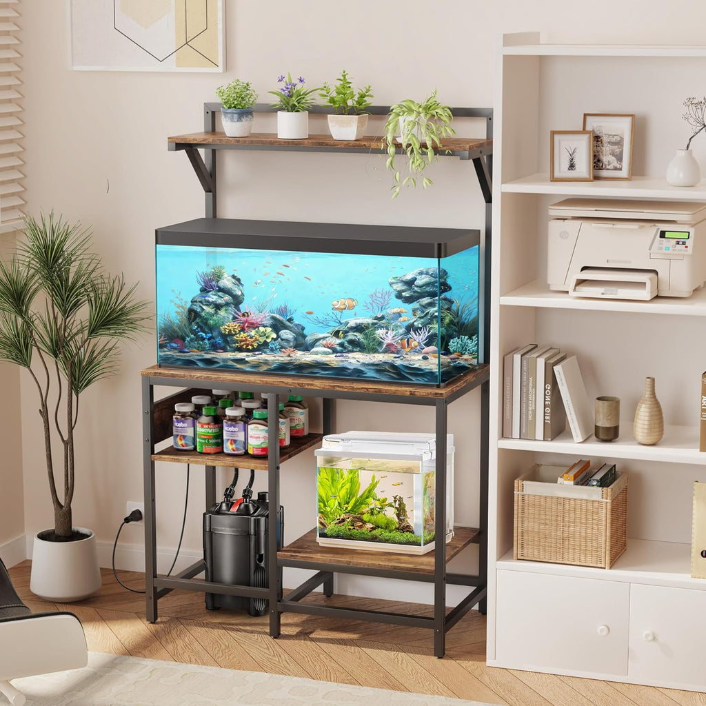 40-50 Gallon Fish Tank Stand, Aquarium Stand with Power Outlet, Heavy-Duty Reptile Terrarium Stand with 6-Leg Support and 4-Tier Adjustable Storage Shelves