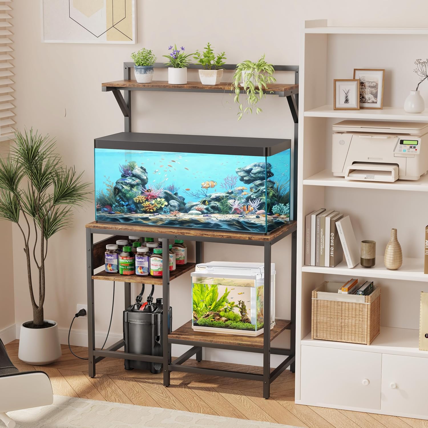 40-50 Gallon Fish Tank Stand, Aquarium Stand with Power Outlet, Heavy-Duty Reptile Terrarium Stand with 6-Leg Support and 4-Tier Adjustable Storage Shelves