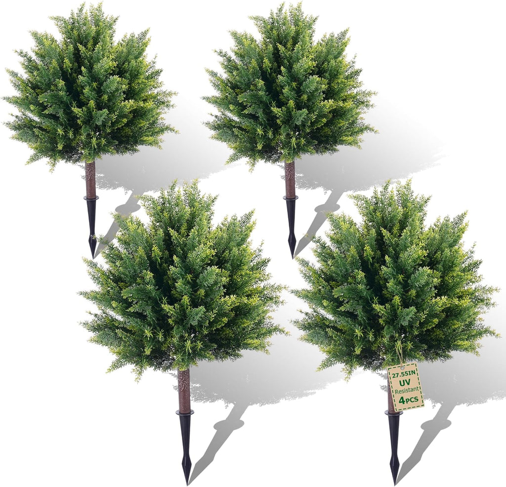 28inch Artificial Cedar Christmas Tree, Norfolk Pine Tree. 4 Sets Faux Cypress Topiary with Spikes Outdoor Christmas Tree Front Porch Decor, Fake Shrubs Planters, Christmas Pot Fillers Urn Filler