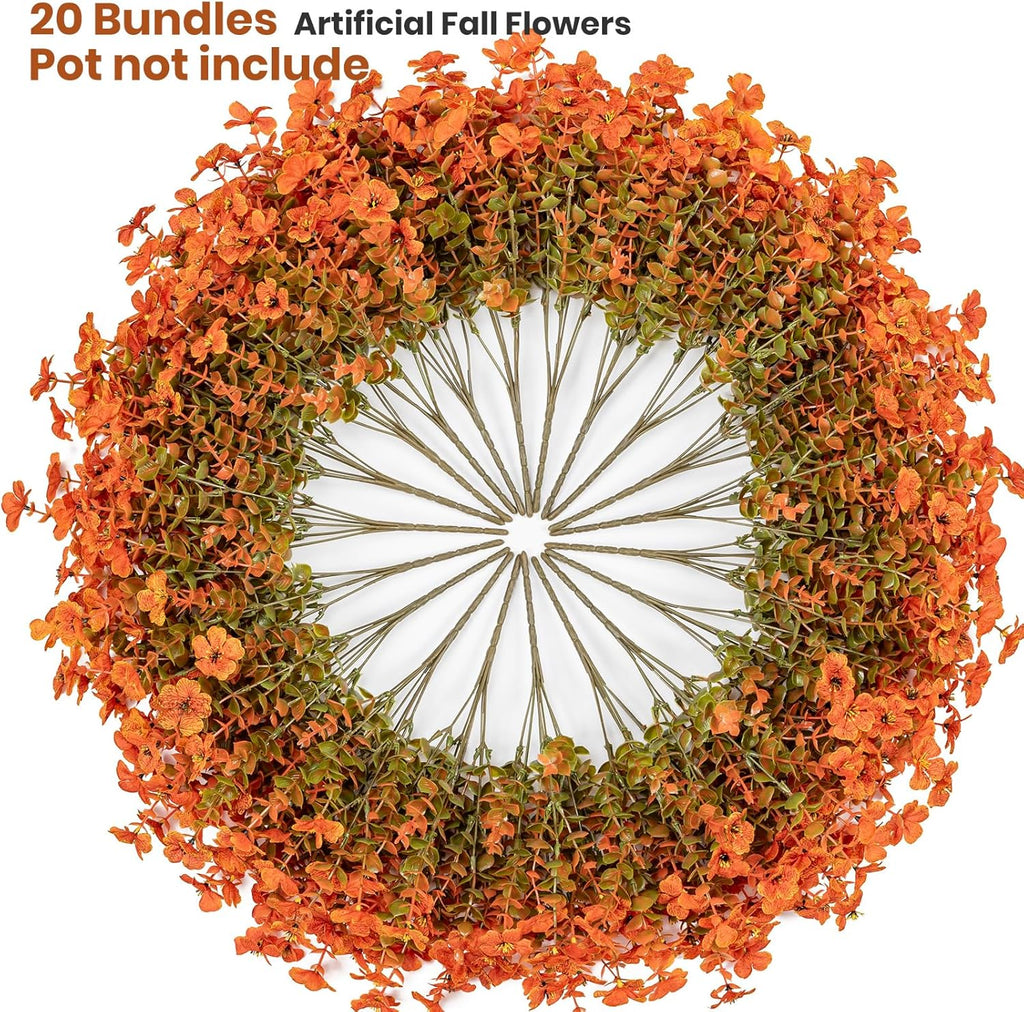 20 Bundles Artificial Fake Mums for Outdoor Fake Plants for Autumn Decoration,Faux Eucalyptus Flowers for Planter UV Resistant Lifelike for Home Porch Garden (Fall Orange)