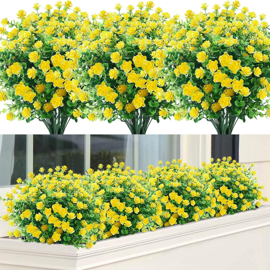 GREENRAIN Artificial Flowers Outdoor Fake Flowers for Decoration UV Resistant No Fade Faux Plastic Plants Garden Porch Window Box Décor (18 Bundles, 2#Yellow)