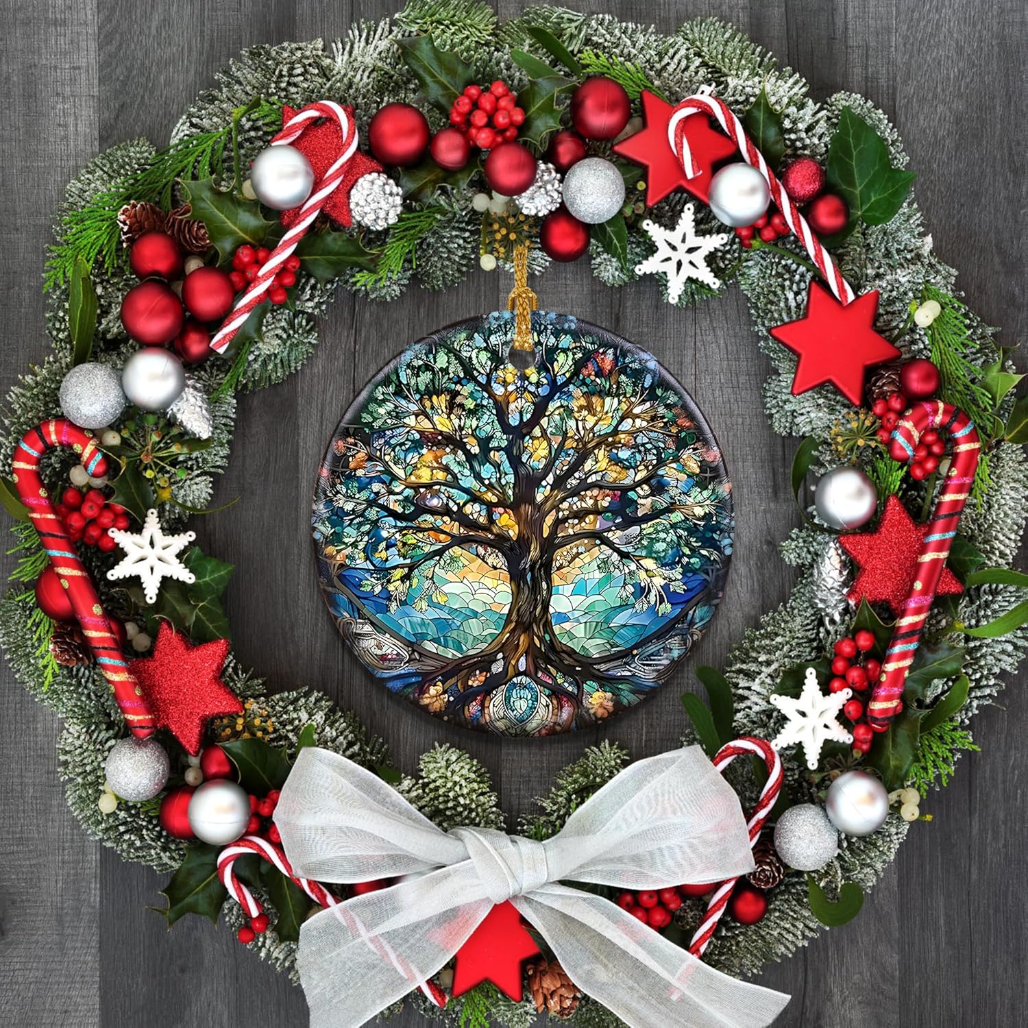 Stained Ceramic Tree of Life Ornament - Christmas Decorations and Holiday Present Ideas - Tree of Life Decor for Office, Room, Home