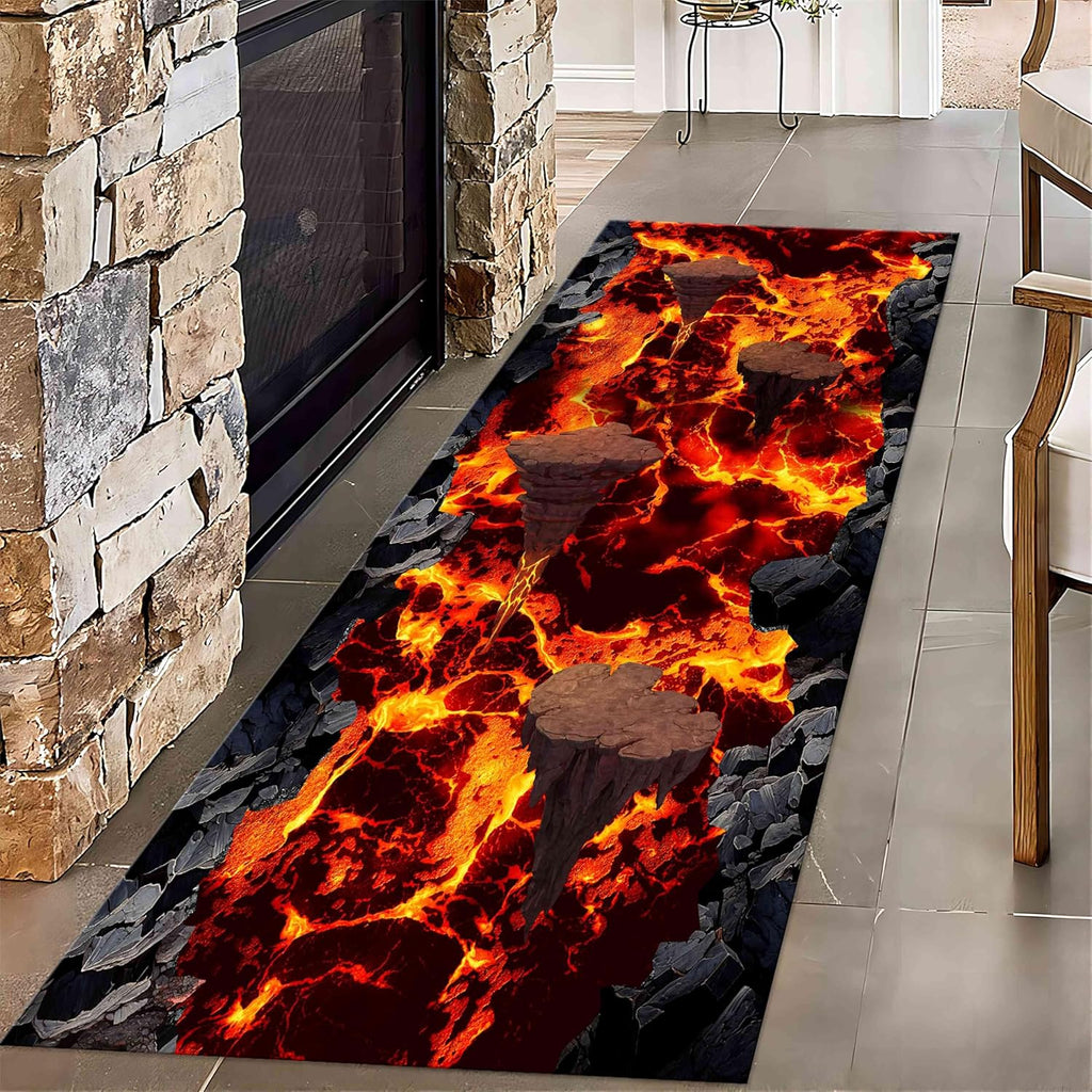 3D Landscape Rug, 4x10ft, Flame Volcano Hot Lava Bricks Rock Optical Illusion Fun Challenge Play Area Rug, Abstract Aesthetics Decor Door Mat for Hallway Corridor Entryway