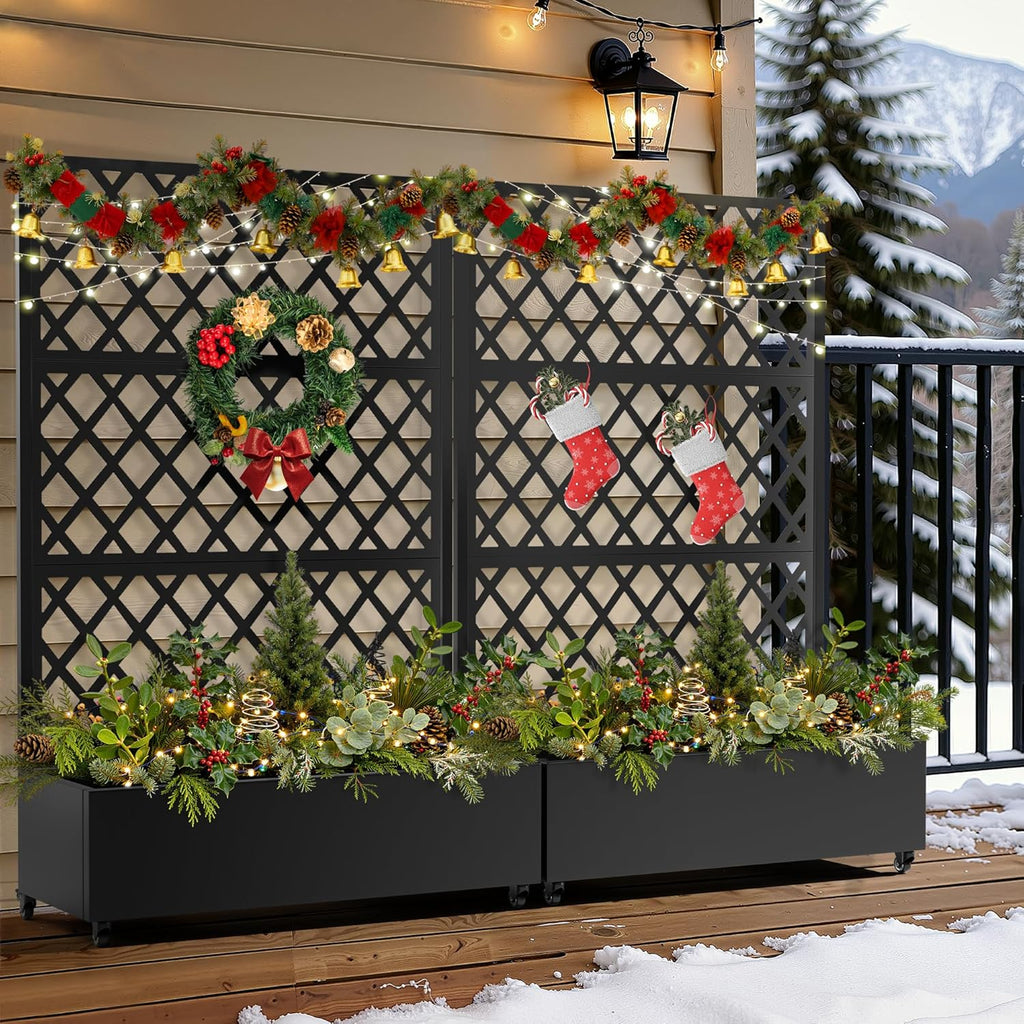 FENCY Metal Planter Box with Diamond Lattice Trellis Planter Box for Climbing Plants/Vines, Galvanized Raised Garden Bed On Wheels, Garden Bed with Trellis(73"x47" Black)