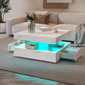 White Marble LED Coffee Table with 2 Storage Drawers for Living Room Square Center Middle Table Modern Cocktail Table with Light 2-Tier Tea Tables Contemporary Mid Century Wood Home Office