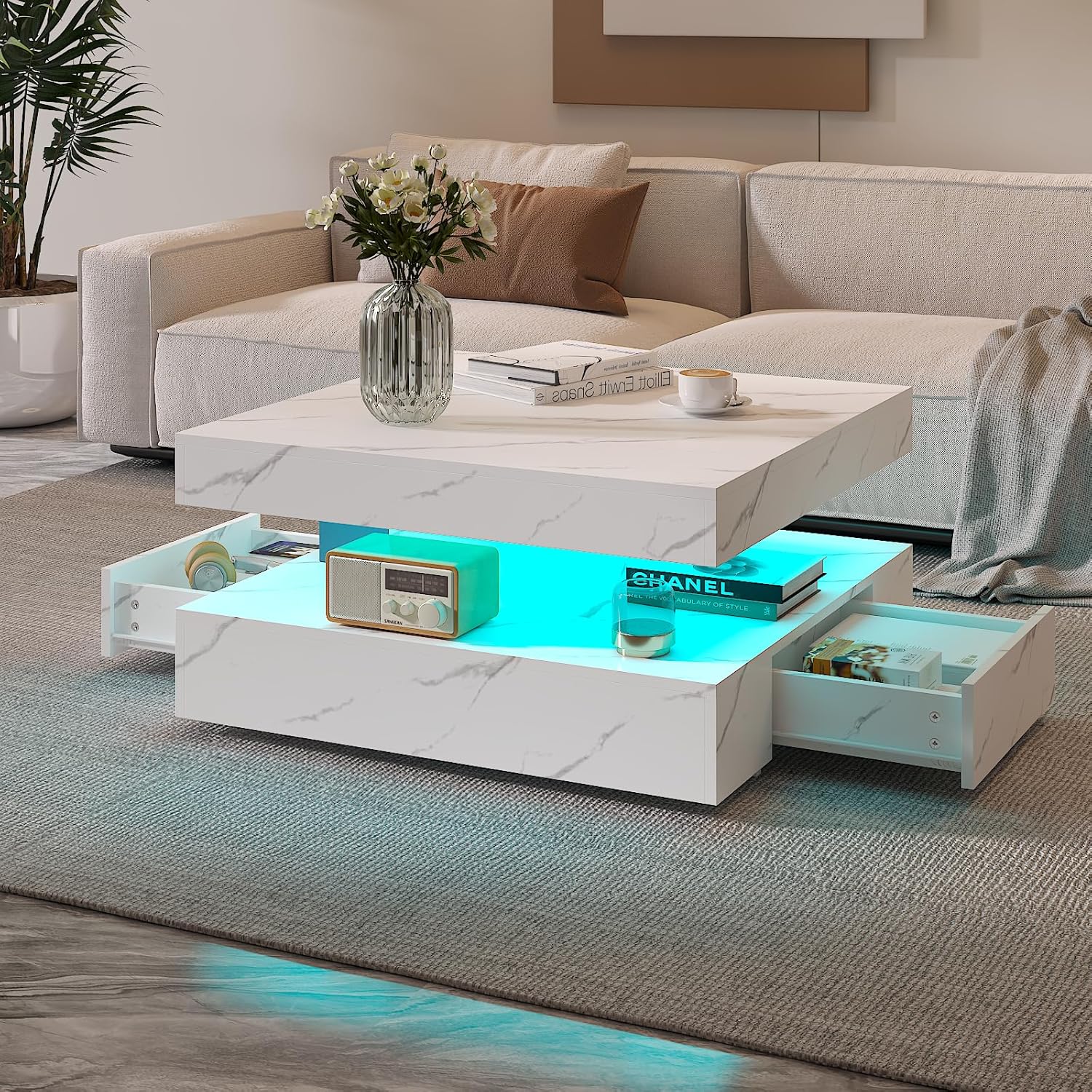White Marble LED Coffee Table with 2 Storage Drawers for Living Room Square Center Middle Table Modern Cocktail Table with Light 2-Tier Tea Tables Contemporary Mid Century Wood Home Office