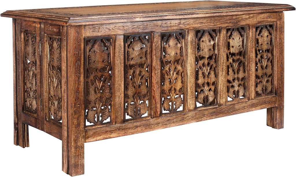 Wooden Coffee Table 36x18 Inch – Hand-Carved Solid Wood Center Table, Vintage Burnt Finish Modern Coffee Table for Living Room, Entryway Table for Magazines, Books & Plants