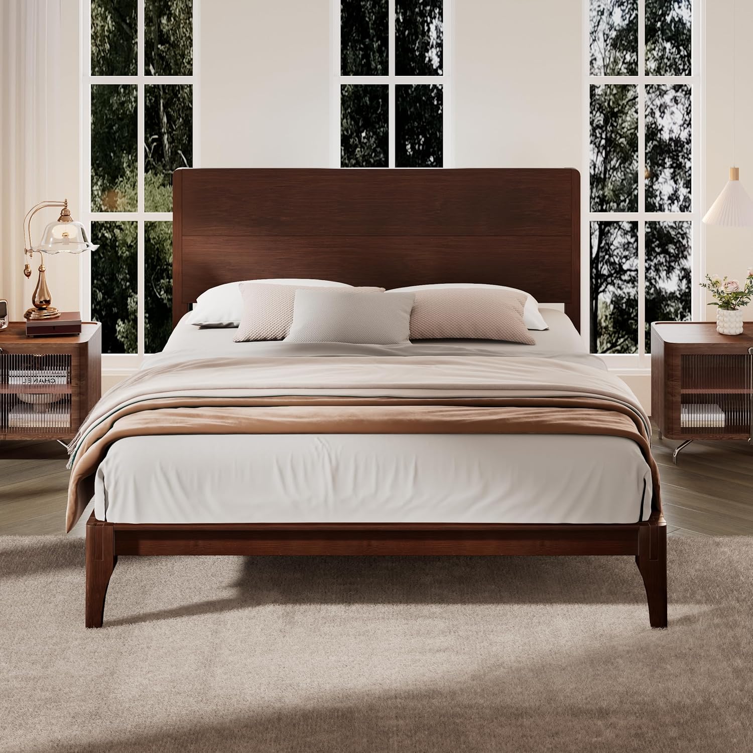Merax Mid Century Queen Size Bed Frame with Headboard, Bamboo Wood Queen Platform Bed with Slat, Heavy Duty Steel Center Beam for Support, Under Bed Storage, No Box Spring Needed, Chocolate