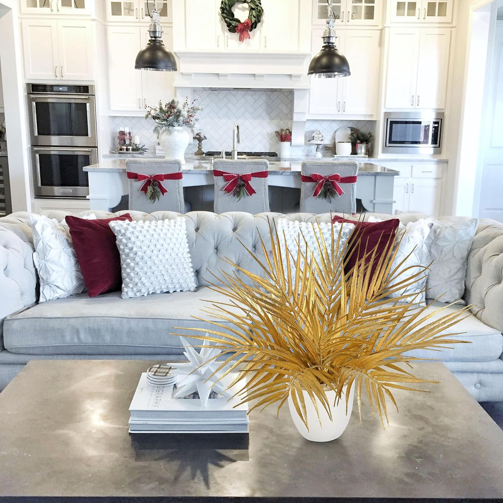 Briful 14.2" Tall Fake Plants Artificial Gold Palm Plant in White Pot – Glitter Faux Palm Leaves Table Centerpiece for Christmas Holiday Decorations, Modern Home Office Desk Decor, Living Room