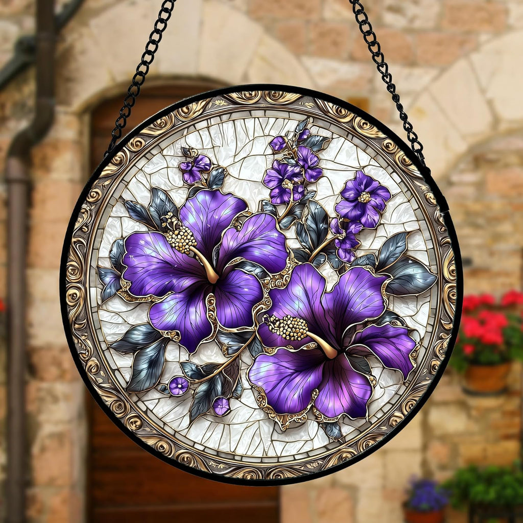 Stained Glass Window Hanging, Purple Flowers Romantic Suncatcher for Doors Home Sun Catchers Decoration and Christmas, Mother's Day Birthday Gifts for Women, Men, and Mom 11.8x11.8 in