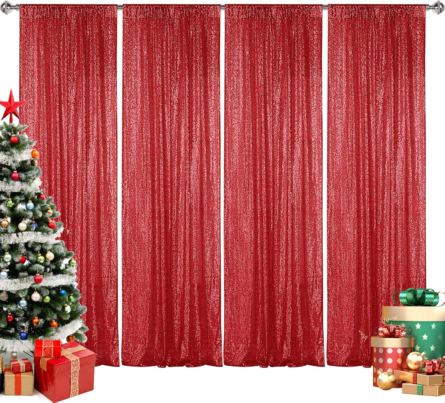 Sugargirl Red Sequin Backdrop Curtain 4 Panels 2FTx8FT Glitter Red Background Drapes Sparkle Photography Backdrop for Party Wedding Birthday Wall Decoration
