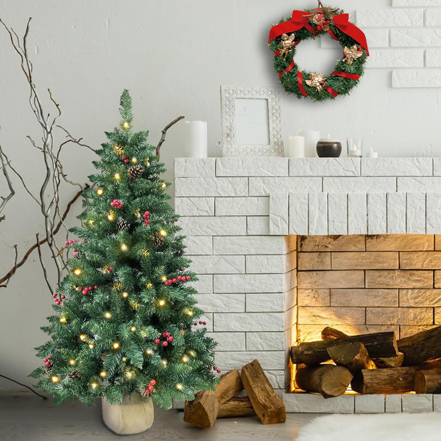 4ft Pre-lit Christmas Tree,Artificial Pine 300 PVC Branches Tips with 20 Red Berries & 20 Pinecone & 100 LED Lights & Burlap Wrapped Base Decor Xmas Tree
