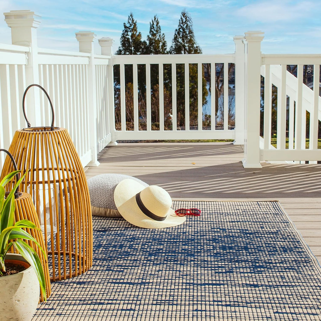 Fab Habitat Outdoor Rug - Waterproof, Fade Resistant, Crease-Free - Premium Recycled Plastic - Distressed Abstract Stripes - Large Patio, Deck, Sunroom, Camping, RV - Brooklyn - Blue - 6 x 9 ft
