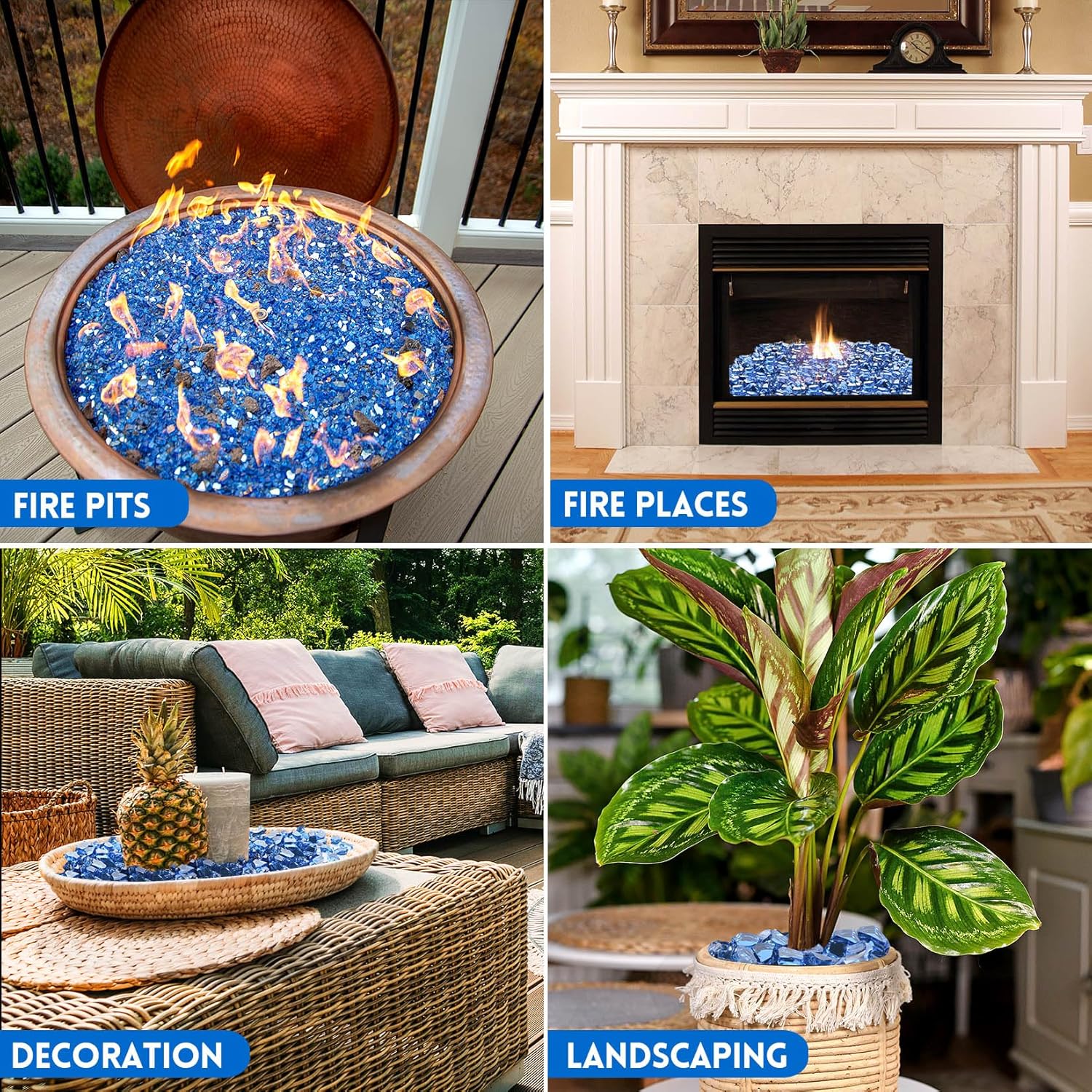 GasSaf 1/2 Inch Fire Glass Reflective Tempered Fireglass Cut Crushed FireGlass for Fire Pit, Fireplace, Replaces Existing Gas Logs & Lava Rocks (20 Pound)(Pacific Blue Reflective)