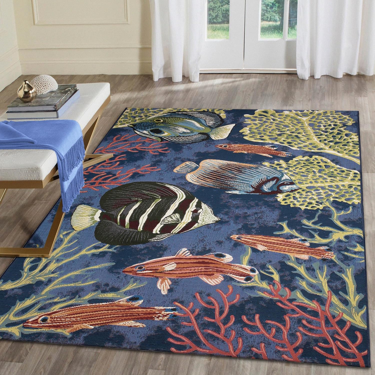 Liora Manne Marina Indoor/Outdoor Power Loomed Synthetic Blend Low Profile Area Rug - Transitional Graphic Coastal Animal Colorful (Fish Navy) (3'3" x 4'11")