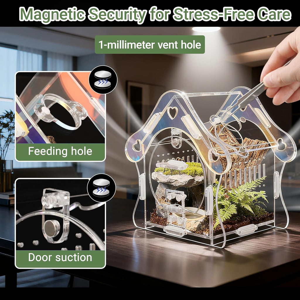 Jumping Spider Enclosure Kit, Acrylic Habitat with Magnetic Door, 3.5" L x 3.5" W x 4.9" H, for Jumping Spiders, Tarantulas, Mantis, Beetles
