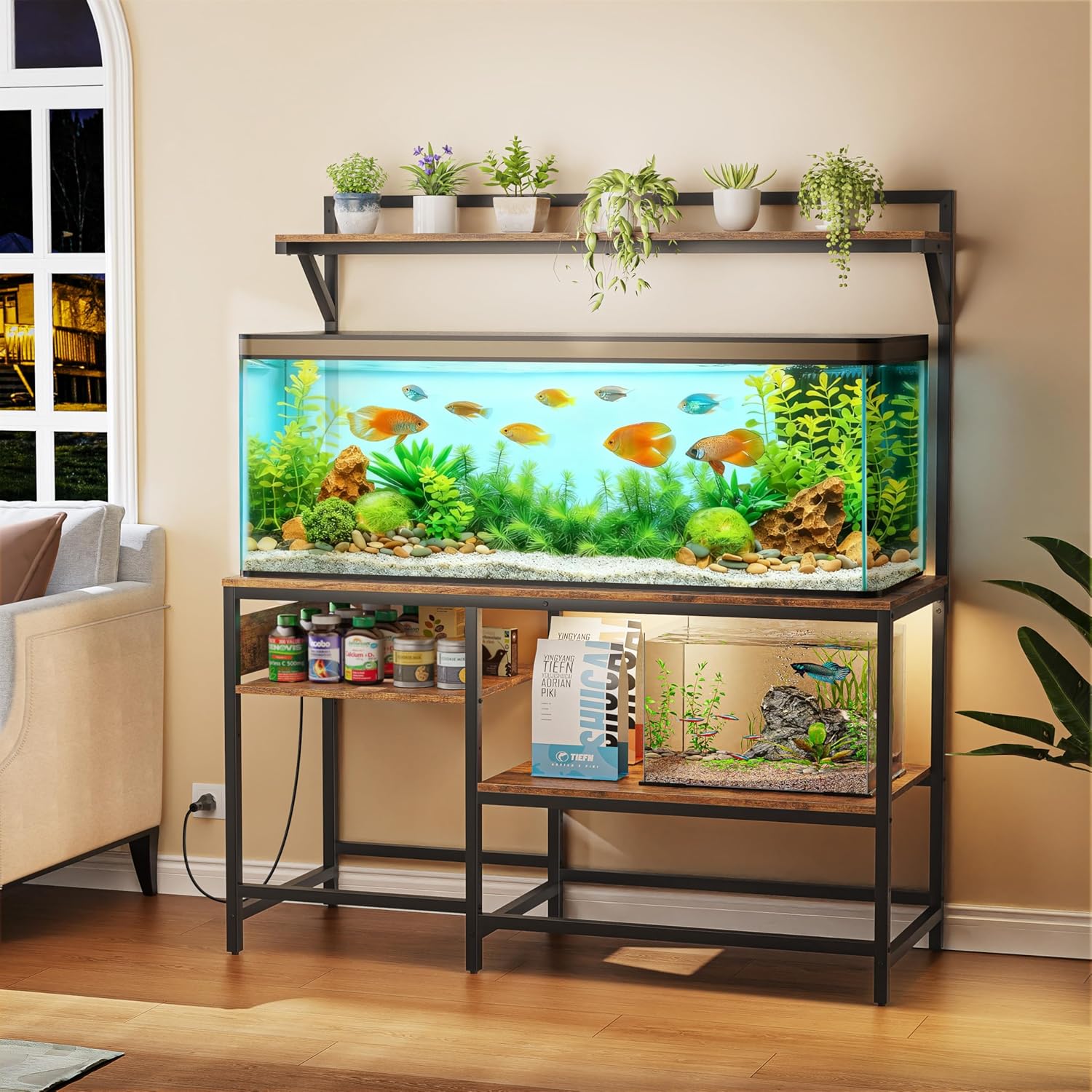 55 Gallon Fish Tank Stand with Power Outlet, Metal Aquarium Stand with Filter Storage, 6-Leg Reptile Tank Stand with 3-Tier Adjustable Storage Shelves and roof Support