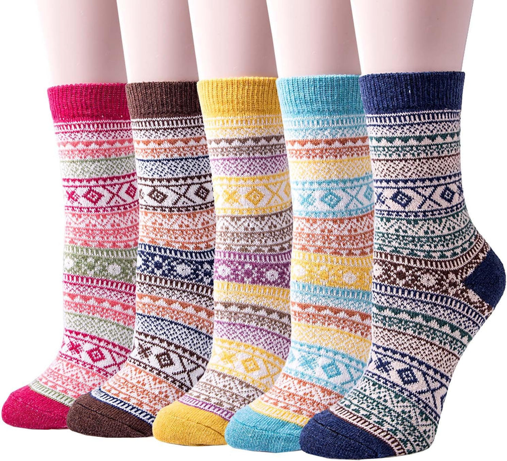 Justay 5 Pairs Wool Socks for Women - Winter Thick Boot Cozy Crew Vintage Soft Calf Knit Warm Socks Gifts
