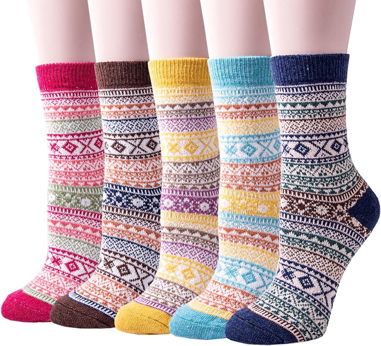 Justay 5 Pairs Wool Socks for Women - Winter Thick Boot Cozy Crew Vintage Soft Calf Knit Warm Socks Gifts