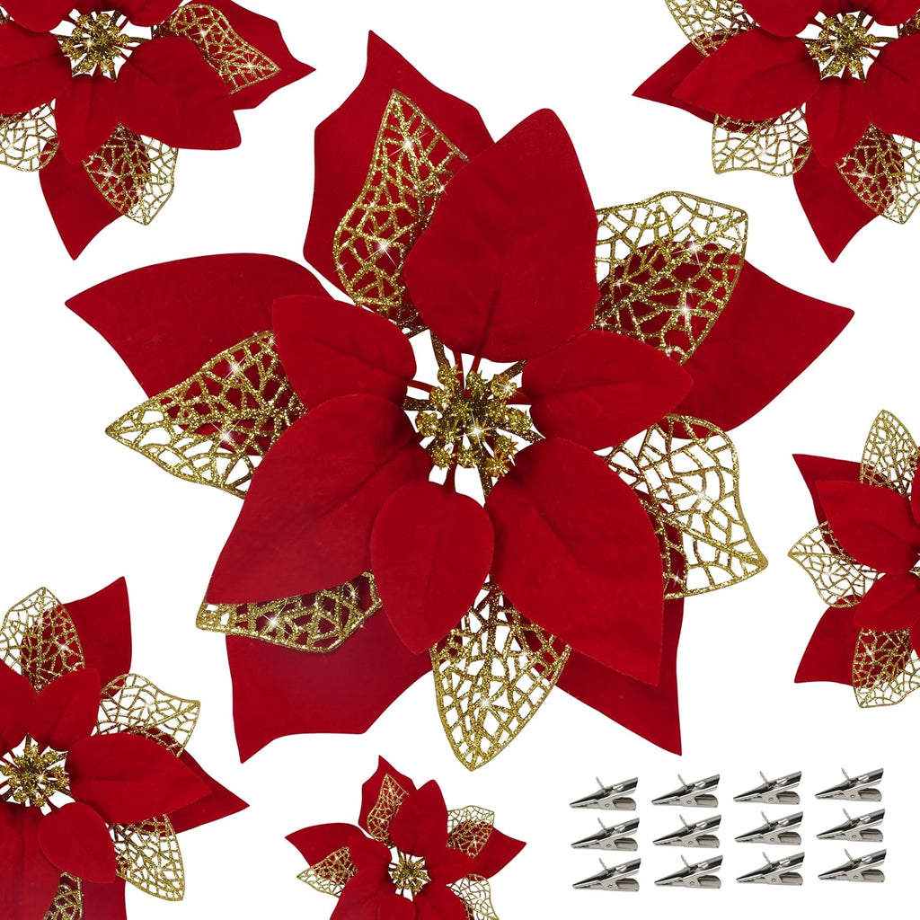 12 PCS Poinsettia Flower Artificial Poinsettia Christmas Decoration 8.7'' Red Glitter Poinsettias Christmas Ornaments Christmas Tree Flower Decor with Clips DIY Xmas Wreath Holiday Home Party Decor