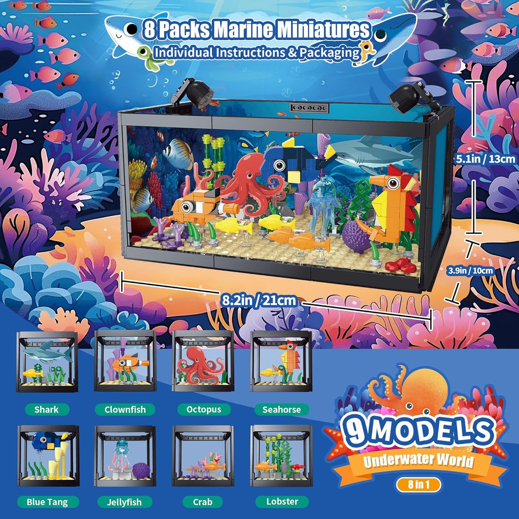8 in 1 Fish Tank Building Sets, Marine Aquarium Building Block with LED Light Party Favors 9 Model Toy Including Octopus Crab, Christmas Birthday Gifts for Boys Girls Kids Ages 6 8 10 12+