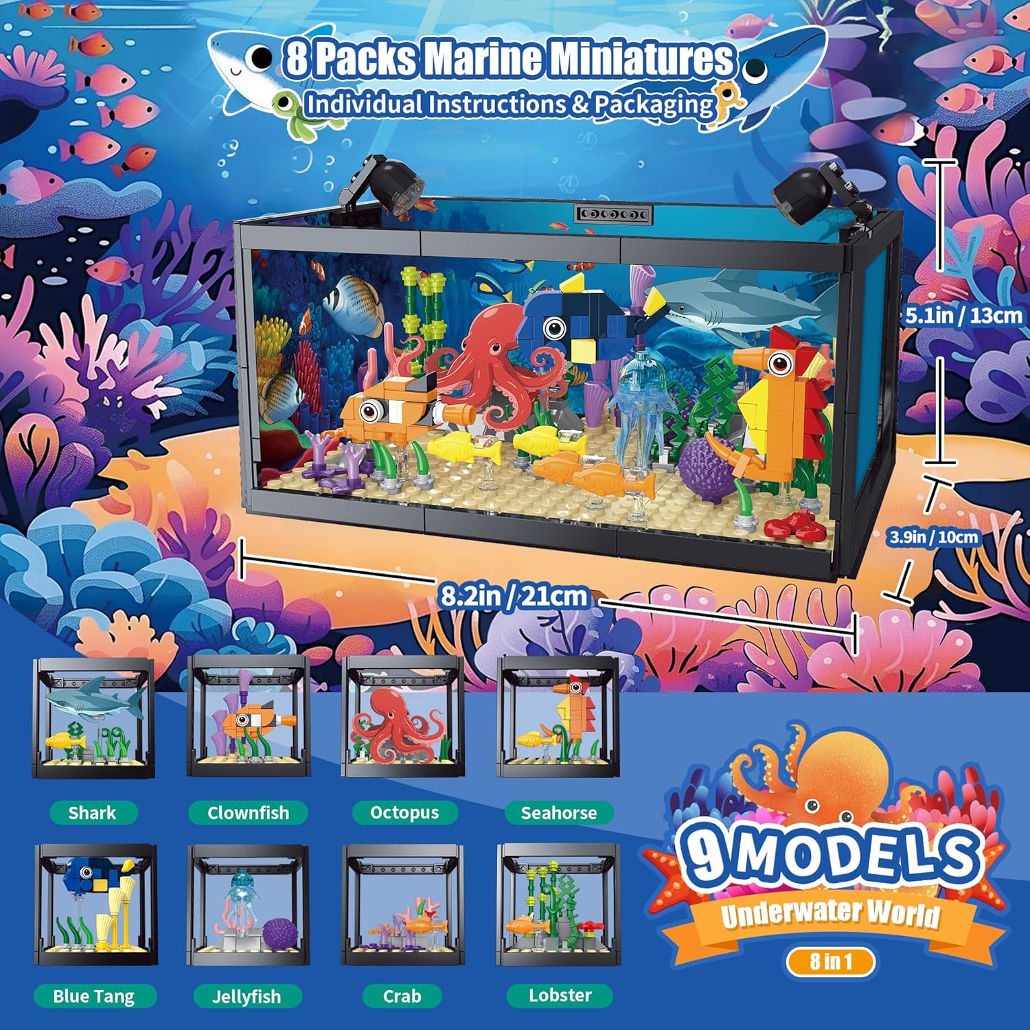 8 in 1 Fish Tank Building Sets, Marine Aquarium Building Block with LED Light Party Favors 9 Model Toy Including Octopus Crab, Christmas Birthday Gifts for Boys Girls Kids Ages 6 8 10 12+
