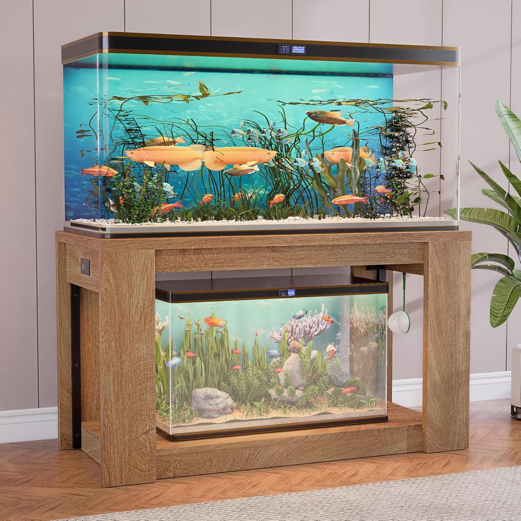 Farmhouse 75–120 Gallon Aquarium Stand for Fish or Reptile Tank, 48"x24" Tabletop Terrarium Stand with Power Outlet and Storage Shelves, Natural Brown Fish Tank Stand, 1500LBS Capacity