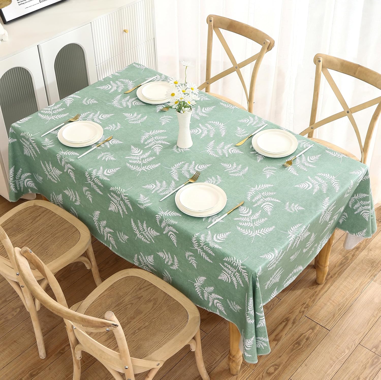 Heavy Duty Vinyl Tablecloth with Flannel Backing Waterproof Oil-Proof Plastic Table Cloth Stain-Resistant Wipeable Rectangle or Square Table Cover for Indoor and Outdoor (Mint Leaf, 52X70 Inch)