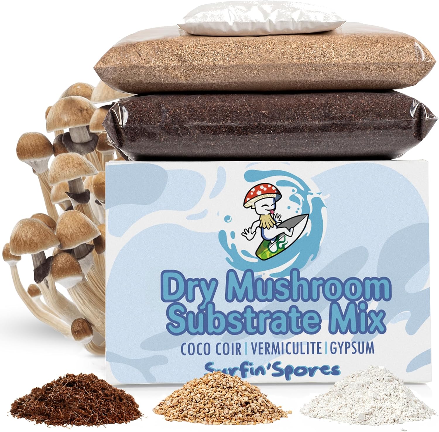 Surfin' Spores Dry Mushroom Substrate Mix | Produces 10 Pounds of Pasteurized Bulk Substrate | CVG Blend (Coco Coir, Vermiculite, Gypsum)