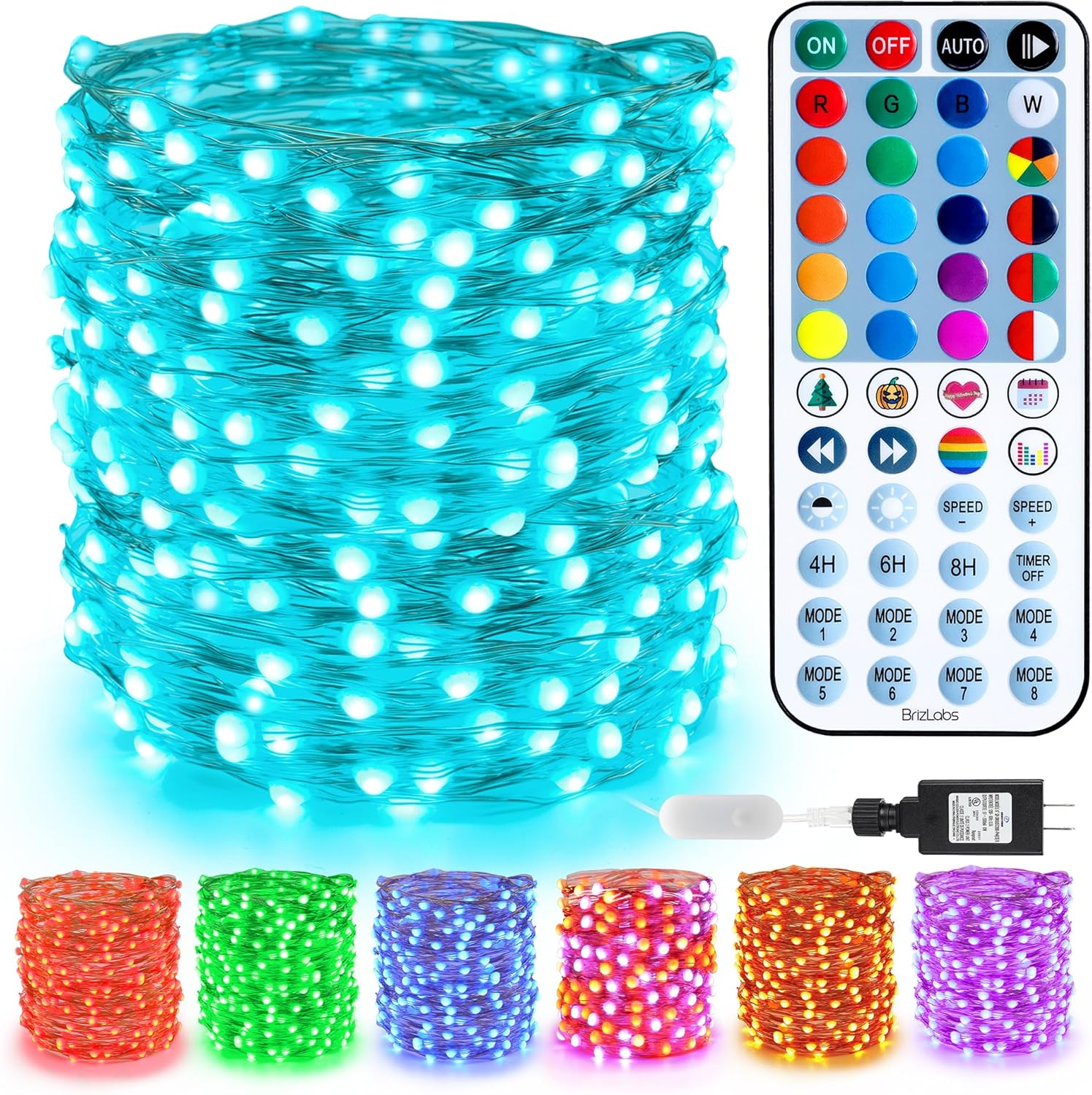 BrizLabs Christmas Fairy Lights - 66ft 200 LED Color Changing Fairy Lights with Remote, Plugin RGB Rainbow Christmas Twinkle Light White & Red Starry Xmas Light for Xmas Halloween Home Party Wedding