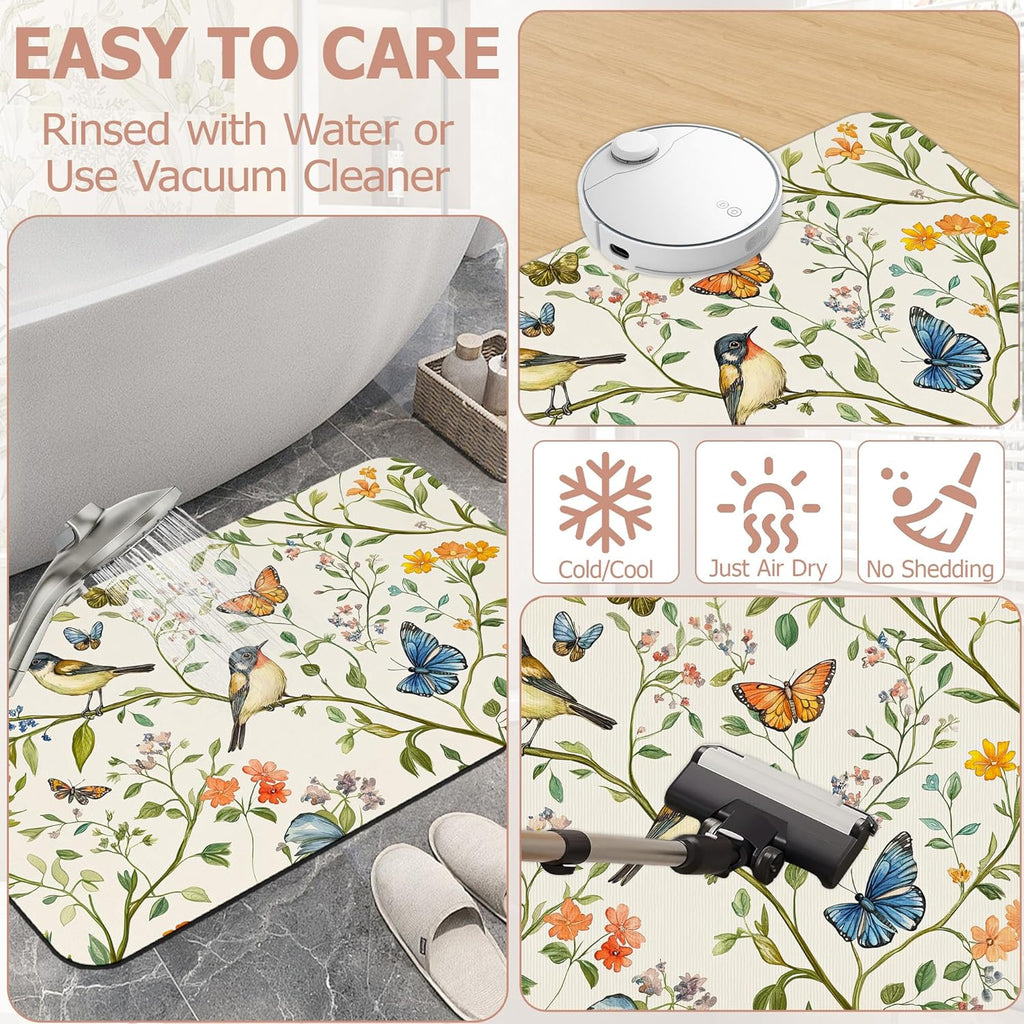 Diatomaceous Earth Bath Mat,Watercolor Birds Butterfly Bath Rugs,Non-Slip Thin Absorbent Fast Drying Easy to Clean for Bathroom Laundry Home Kitchen Door Mat 17x29.5Inch