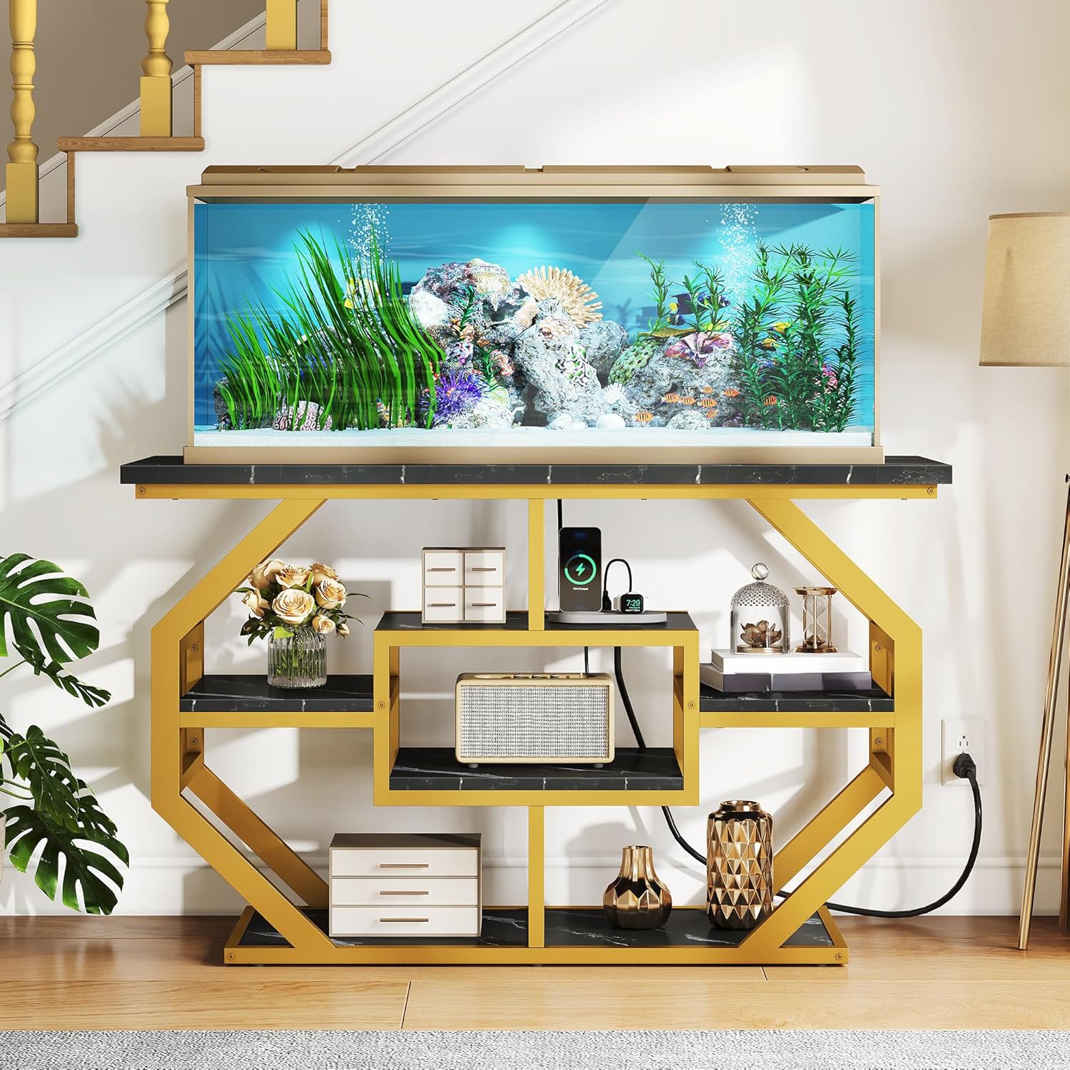 DWVO 55-75 Gallon Aquarium Stand with Power Outlet, Display Stand for Turtle Tank, Reptile Terrarium, Metal Fish Tank Stand Suitable for Living Room, Entryway, 860LBS Capacity, Black & Gold